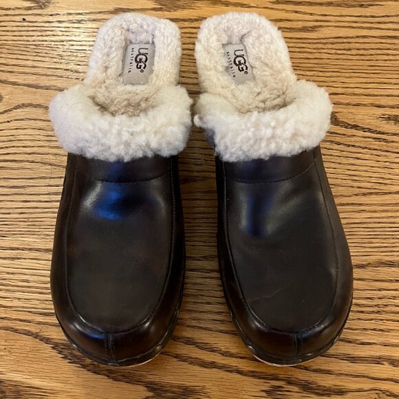 UGG Leather Shearling Fur Lined Wooden Clogs - Picture 10 of 10